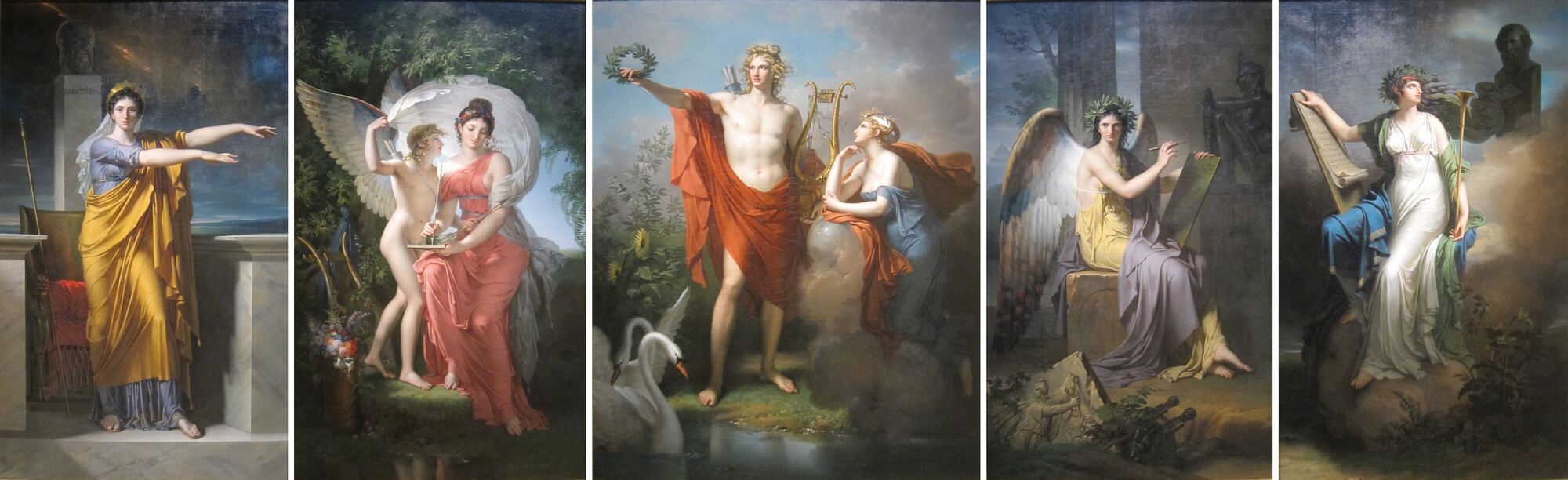 Apollo and the Muses, oil on canvas pentaptych by Charles Meynier
